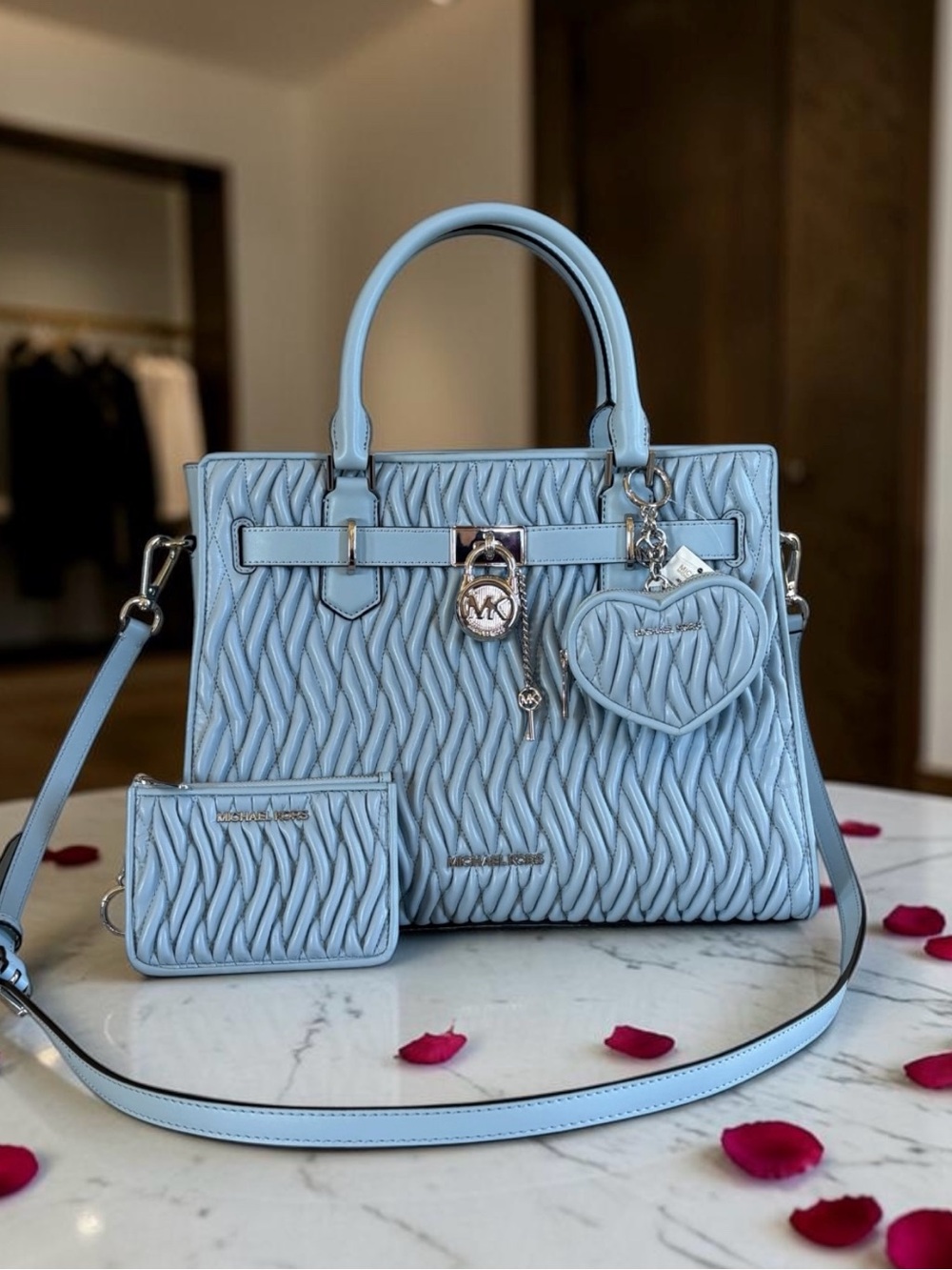 Michael Kors Baby Blue Quilted Leather Tote with Heart Charm and Card Pouch